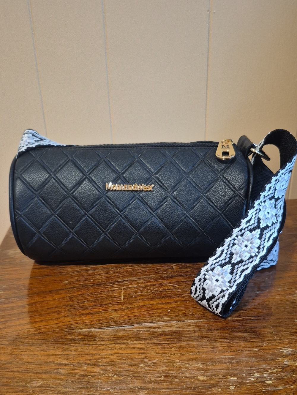 Montana West Black Quilted Barrel Crossbody with Patterned Strap